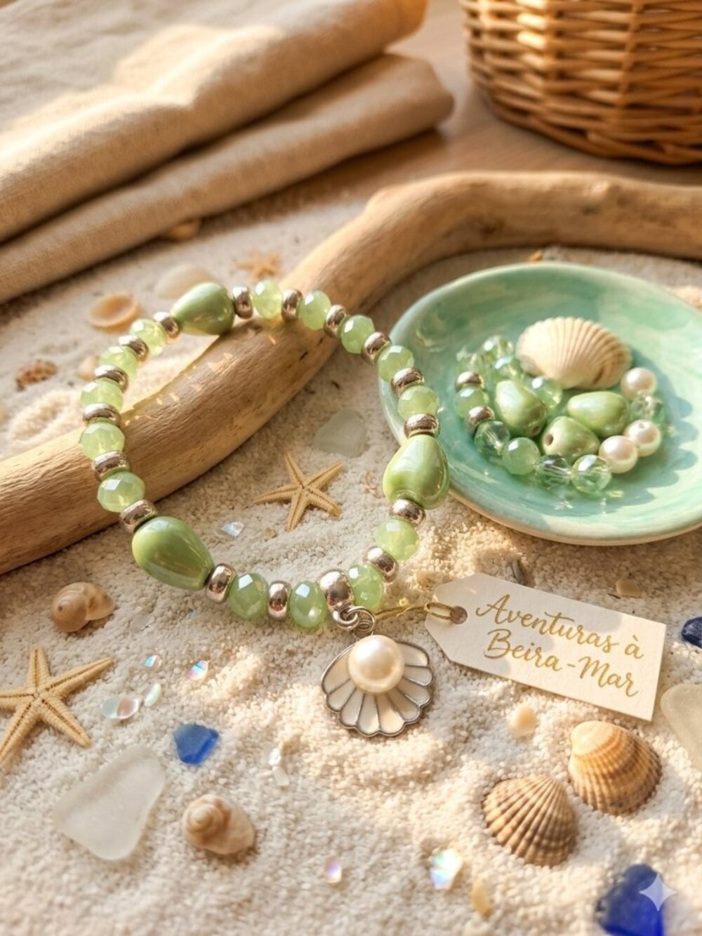 Light Green Beaded Stretch Bracelet Seashell Pearl Charm